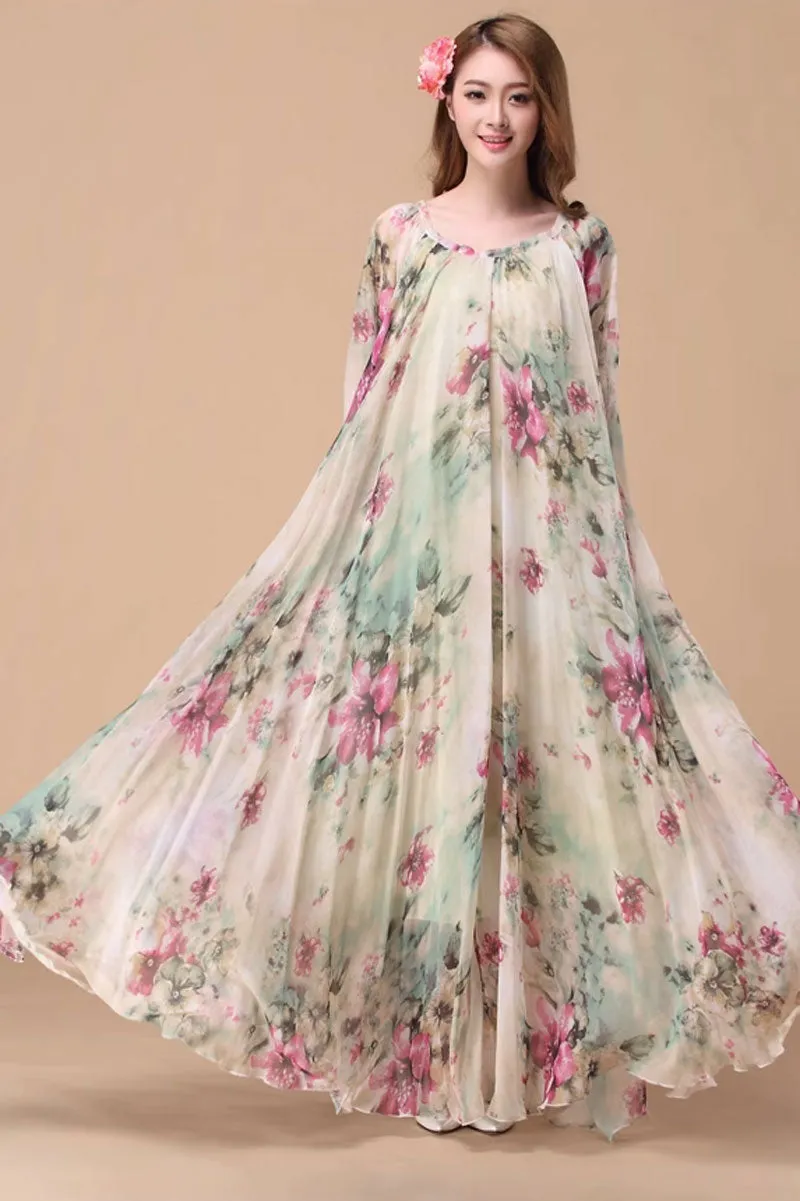 Floral chiffon dress, loose fitting beach dress 4463