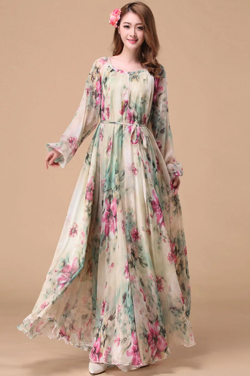 Floral chiffon dress, loose fitting beach dress 4463