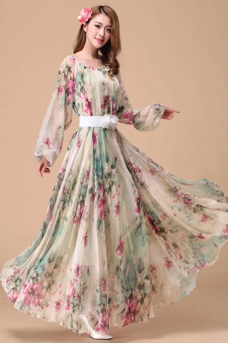 Floral chiffon dress, loose fitting beach dress 4463