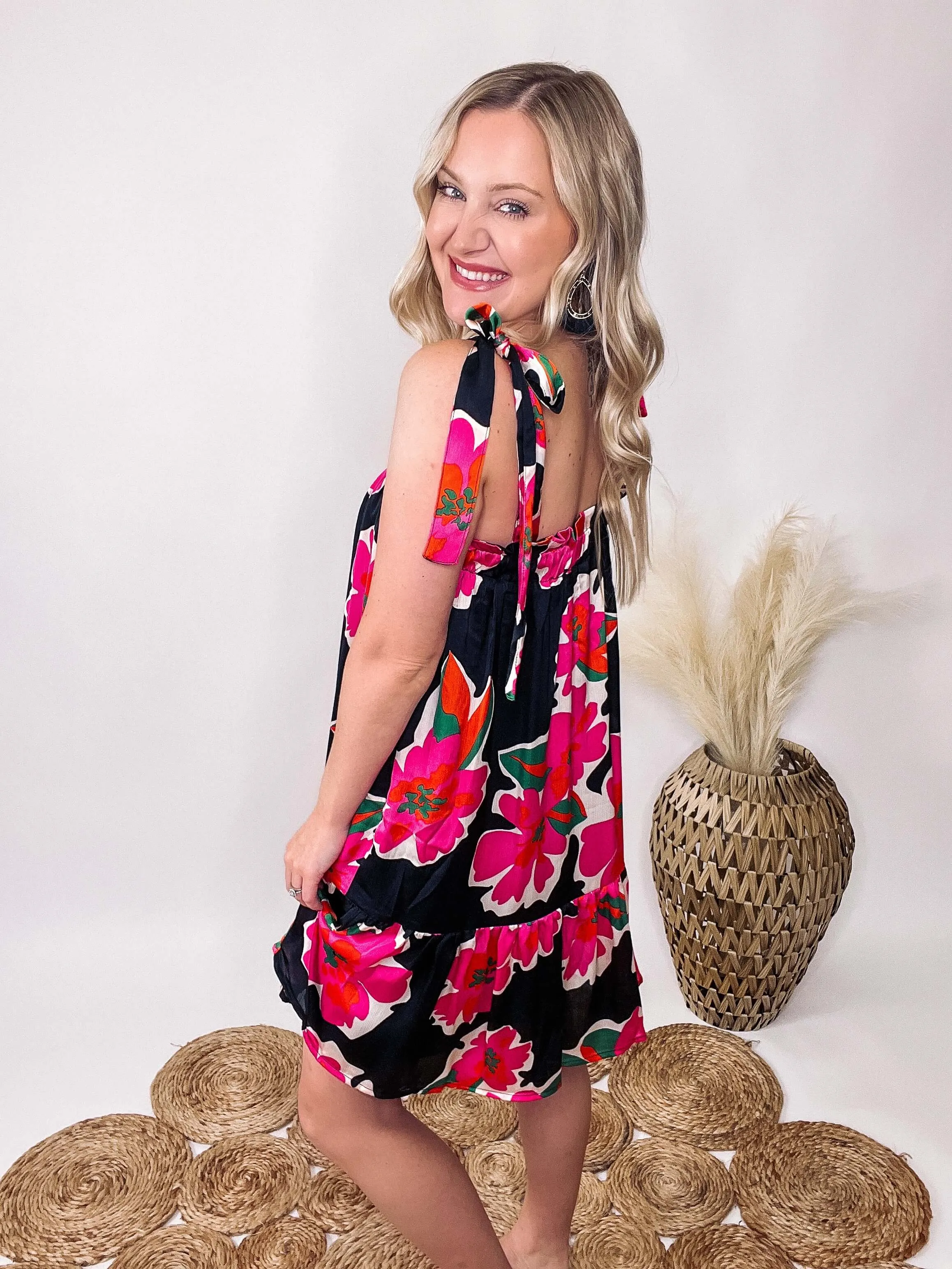 Floral Print Tie Strap Mini Ruffle Dress