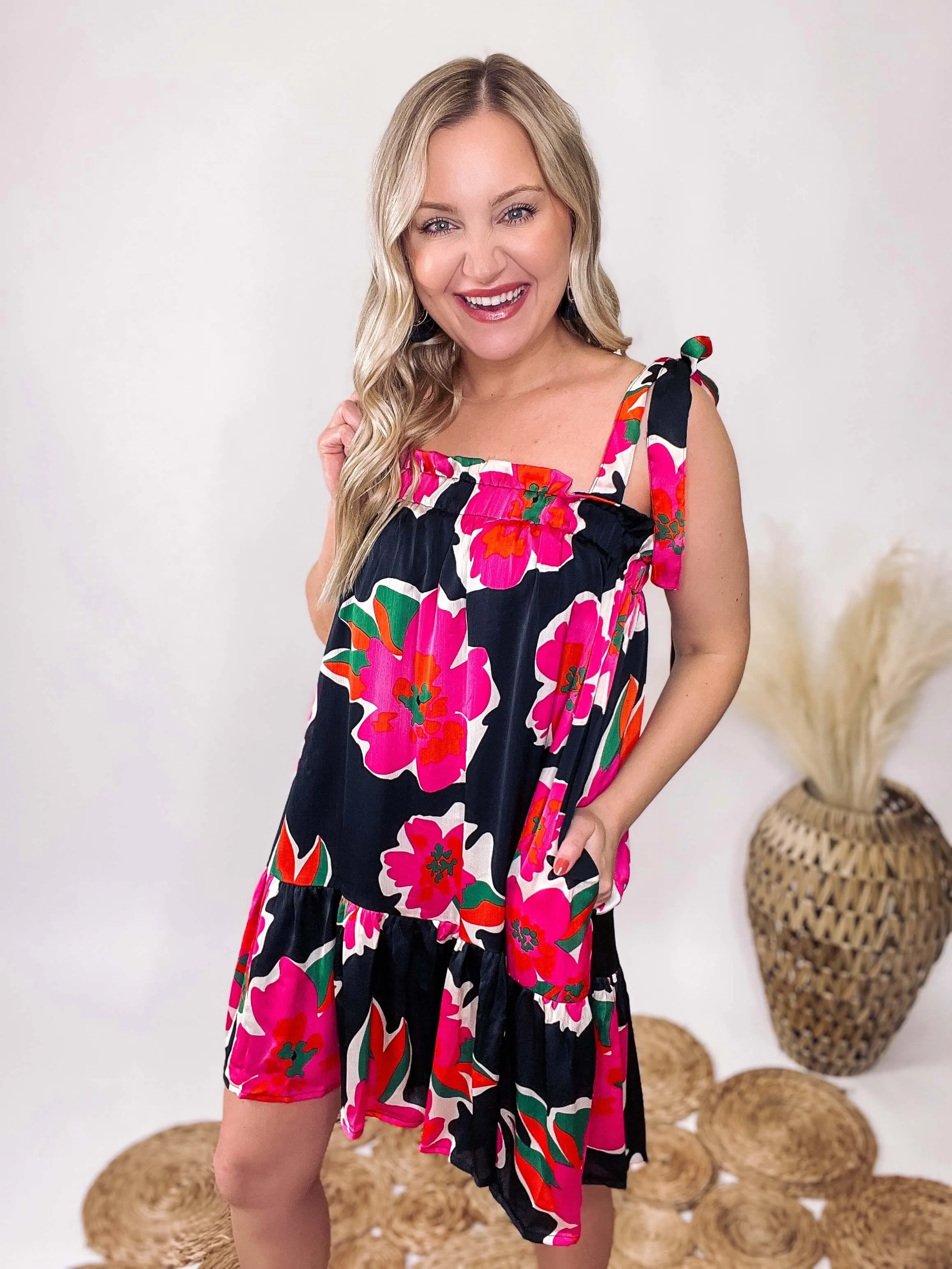 Floral Print Tie Strap Mini Ruffle Dress