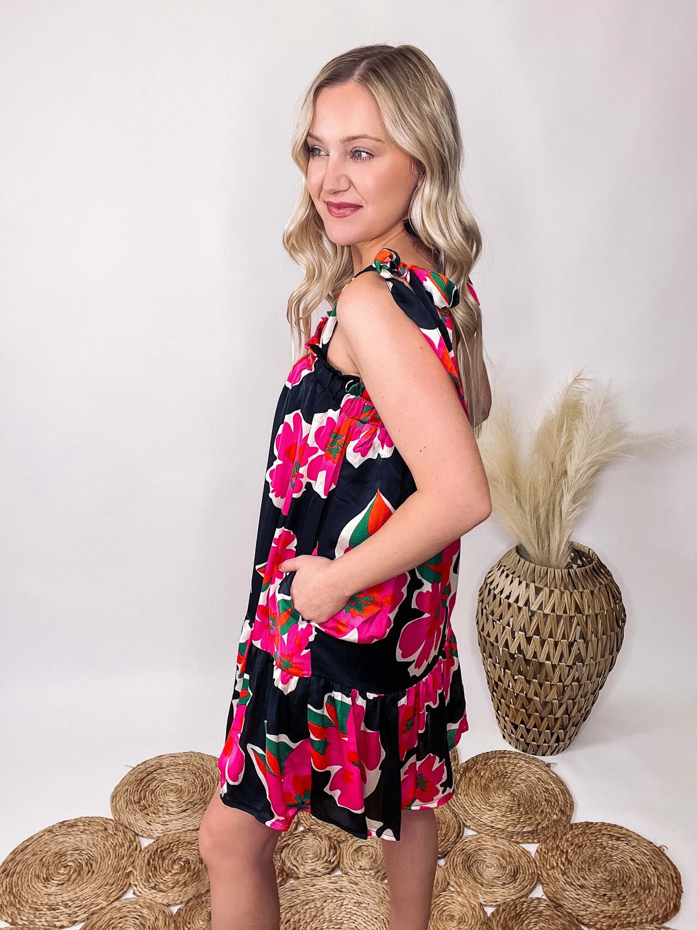 Floral Print Tie Strap Mini Ruffle Dress