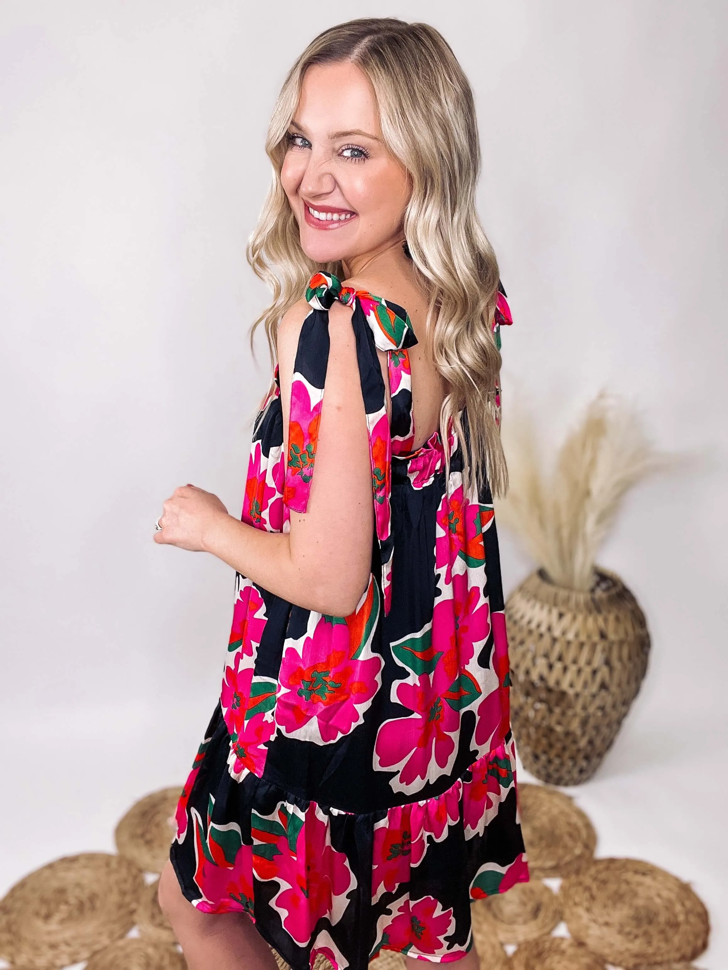 Floral Print Tie Strap Mini Ruffle Dress
