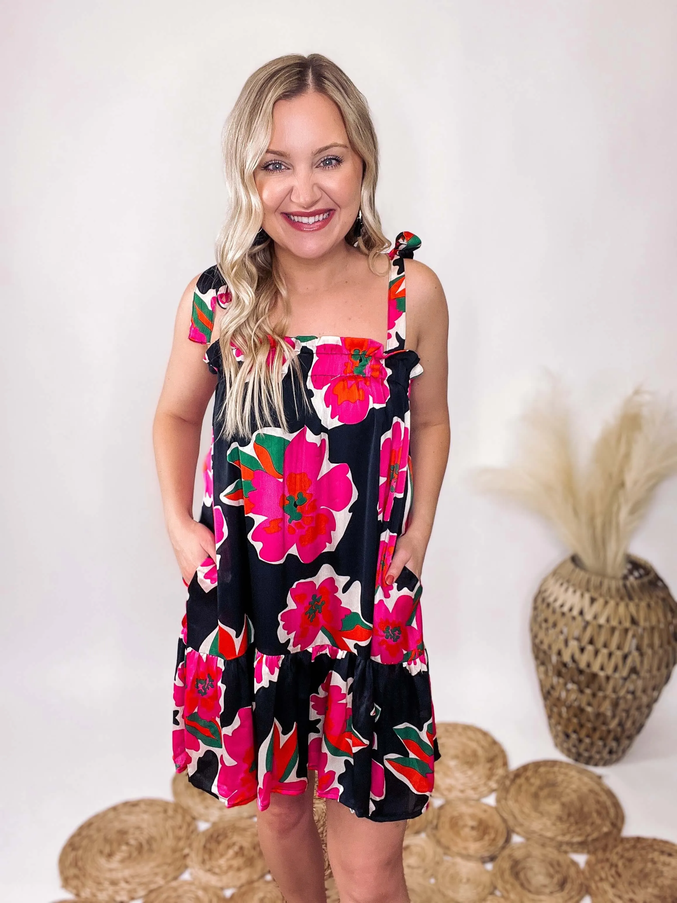 Floral Print Tie Strap Mini Ruffle Dress