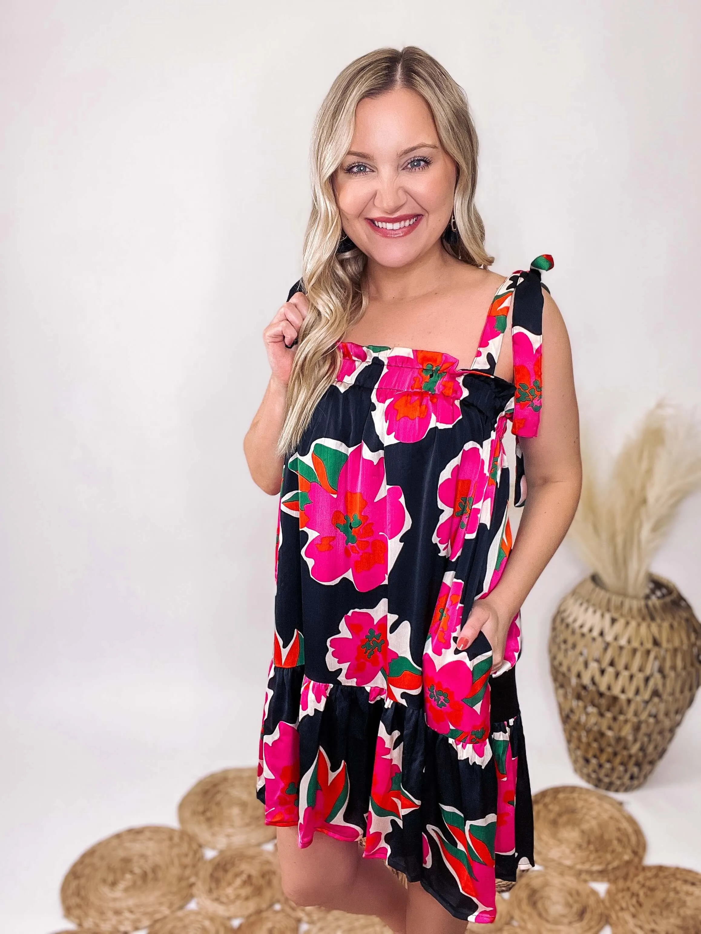 Floral Print Tie Strap Mini Ruffle Dress