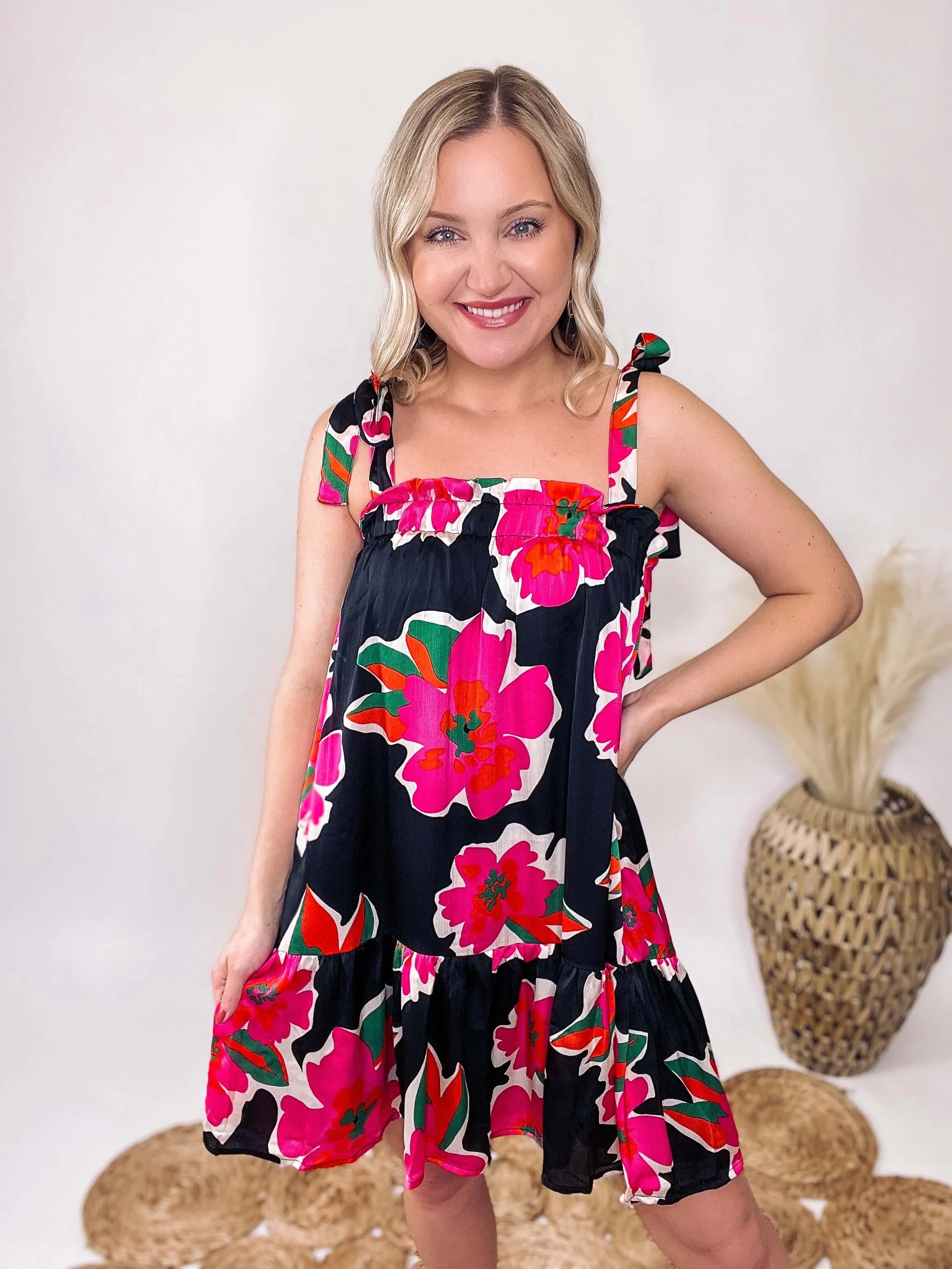 Floral Print Tie Strap Mini Ruffle Dress