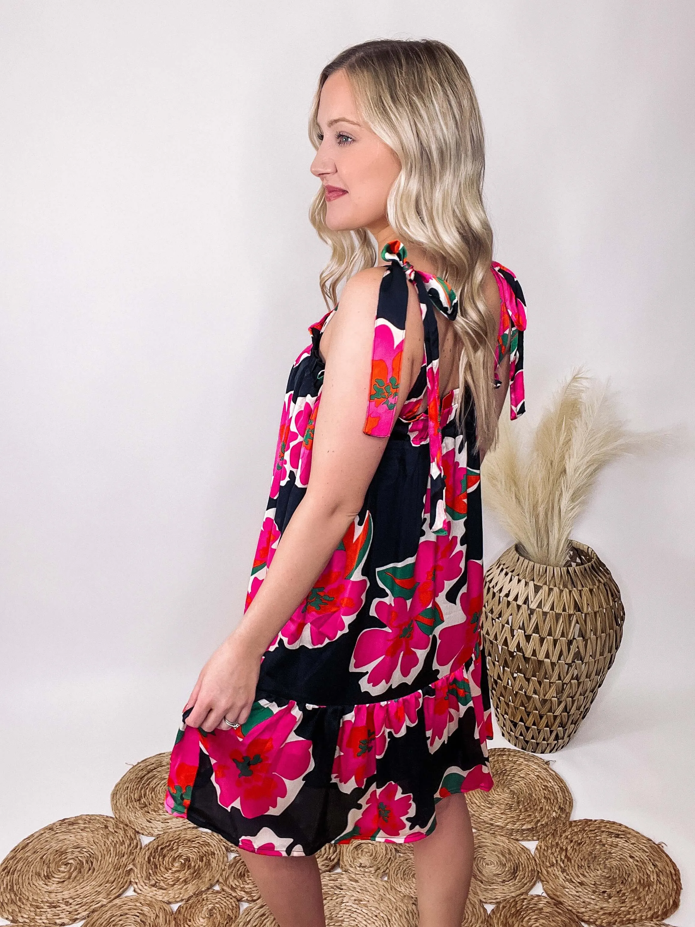Floral Print Tie Strap Mini Ruffle Dress