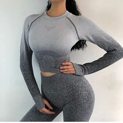 Gym's women seamless long-sleeve Crop Top High Stretchy Tumb Hole Workout Shirts Fitness Sports Shirt Sexy Gym Clothes Yoga top