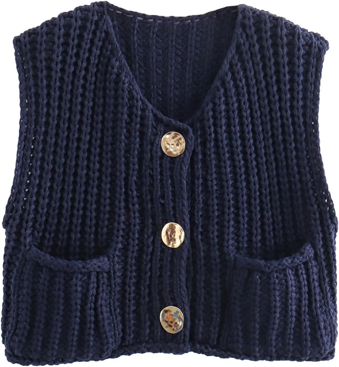 HGps8w Women's Sleeveless Chunky Knit Cardigan Chic Gold Button Down Casual Cropped Sweater Vest with Pockets