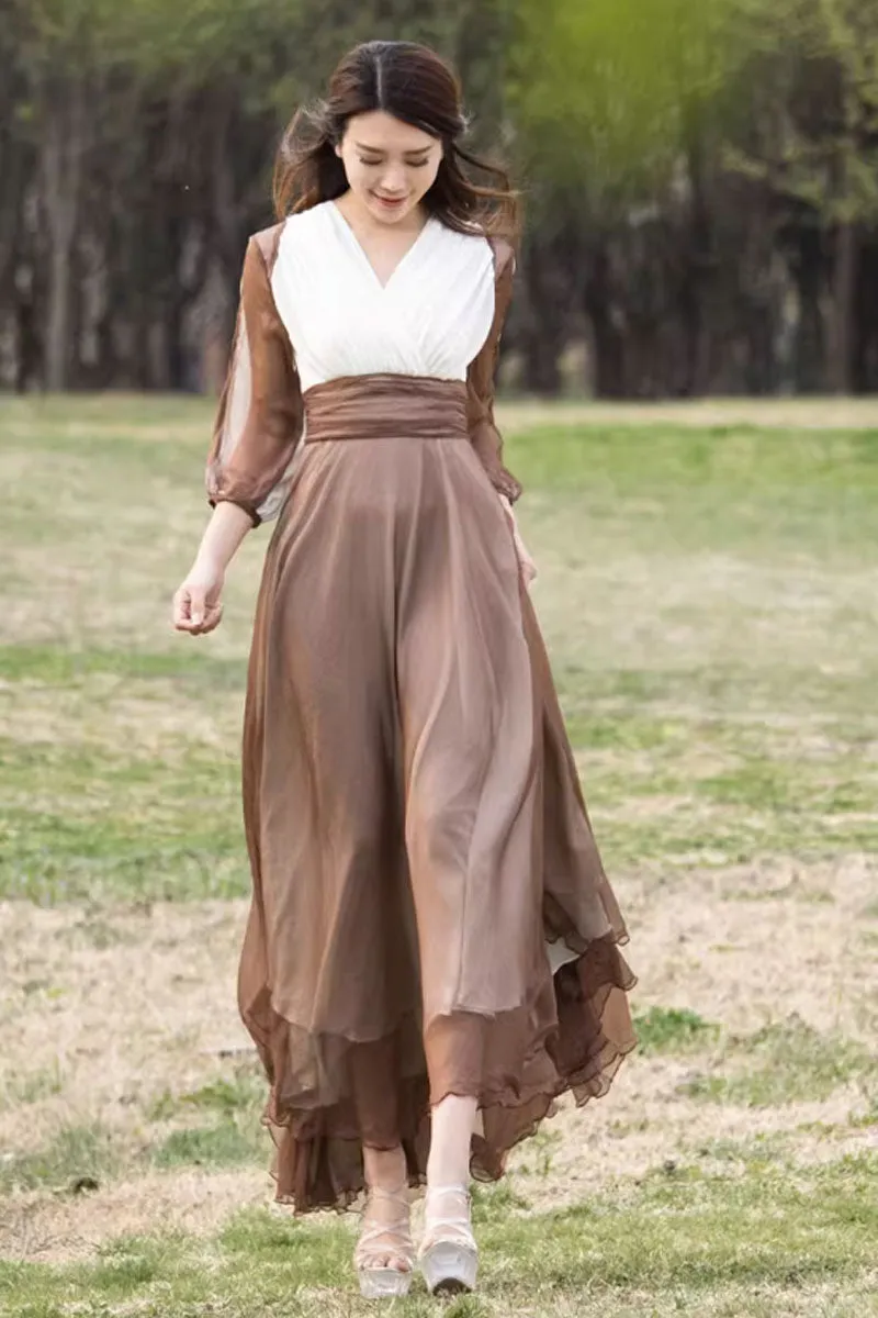 high waisted block color chiffon dress 4459
