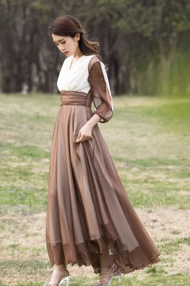 high waisted block color chiffon dress 4459