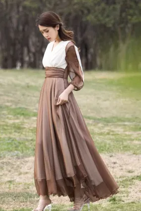 high waisted block color chiffon dress 4459