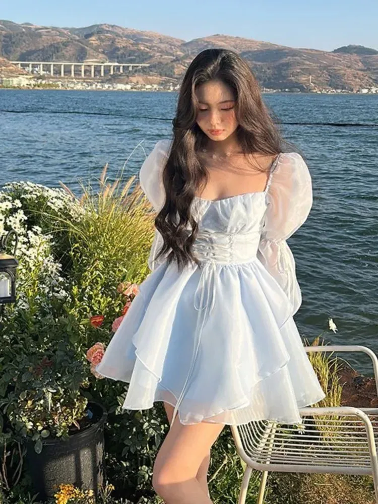 Hnzxzm Sweet Kawaii Mini Dress Vintage Korean Elegant Fashion Party Dress Women Fairy Princess Puff Sleeve Chic Summer Prom Dress