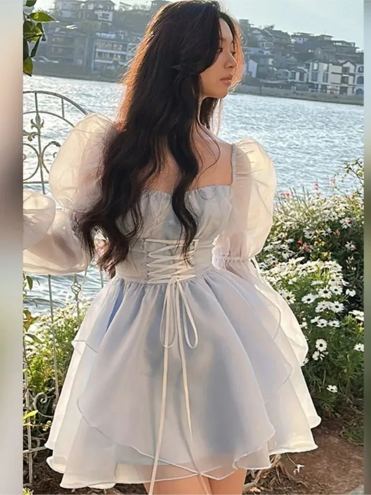 Hnzxzm Sweet Kawaii Mini Dress Vintage Korean Elegant Fashion Party Dress Women Fairy Princess Puff Sleeve Chic Summer Prom Dress