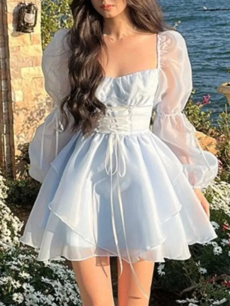 Hnzxzm Sweet Kawaii Mini Dress Vintage Korean Elegant Fashion Party Dress Women Fairy Princess Puff Sleeve Chic Summer Prom Dress