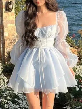 Hnzxzm Sweet Kawaii Mini Dress Vintage Korean Elegant Fashion Party Dress Women Fairy Princess Puff Sleeve Chic Summer Prom Dress