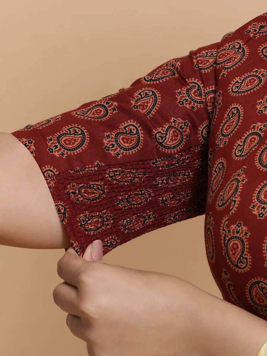 Ishani x Rozaana | Elbow Sleeves Cotton Saree Blouse in Red Mango Block Print Fabric