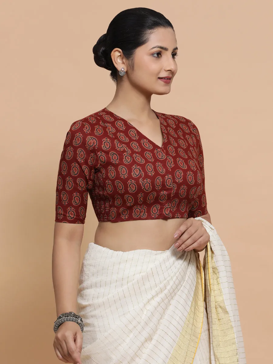 Ishani x Rozaana | Elbow Sleeves Cotton Saree Blouse in Red Mango Block Print Fabric