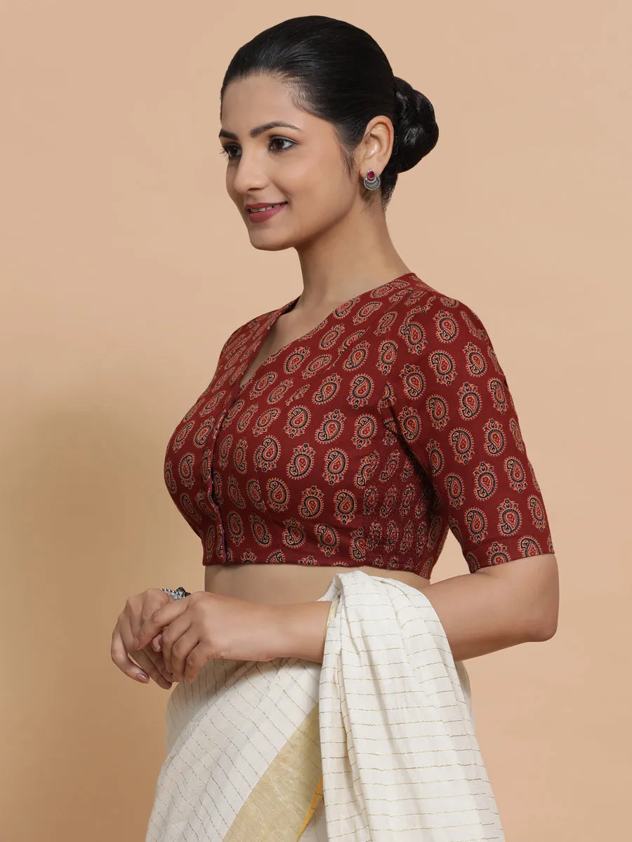 Ishani x Rozaana | Elbow Sleeves Cotton Saree Blouse in Red Mango Block Print Fabric