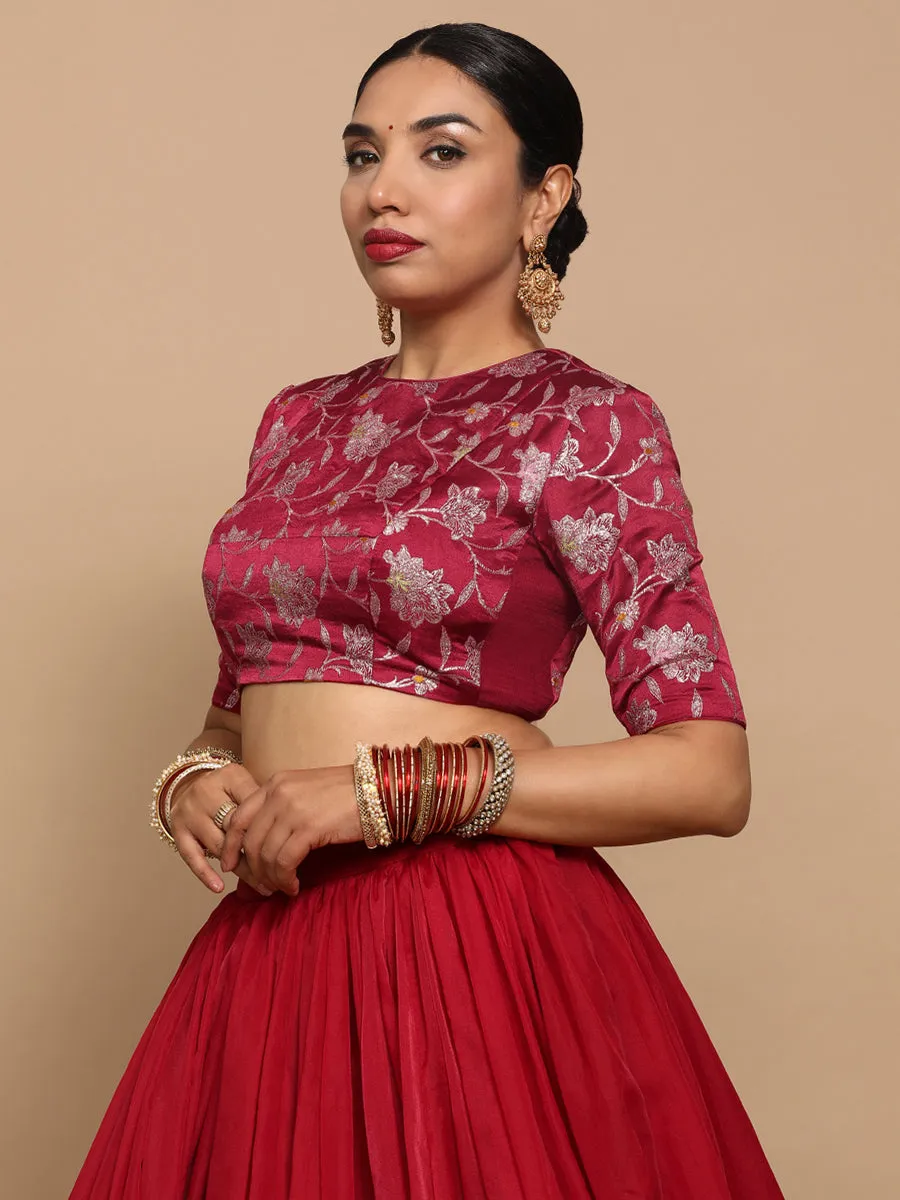 Kavi x Tyohaar | Elbow Sleeves Satin Viscose Saree Blouse in Red Meenakari Fabric