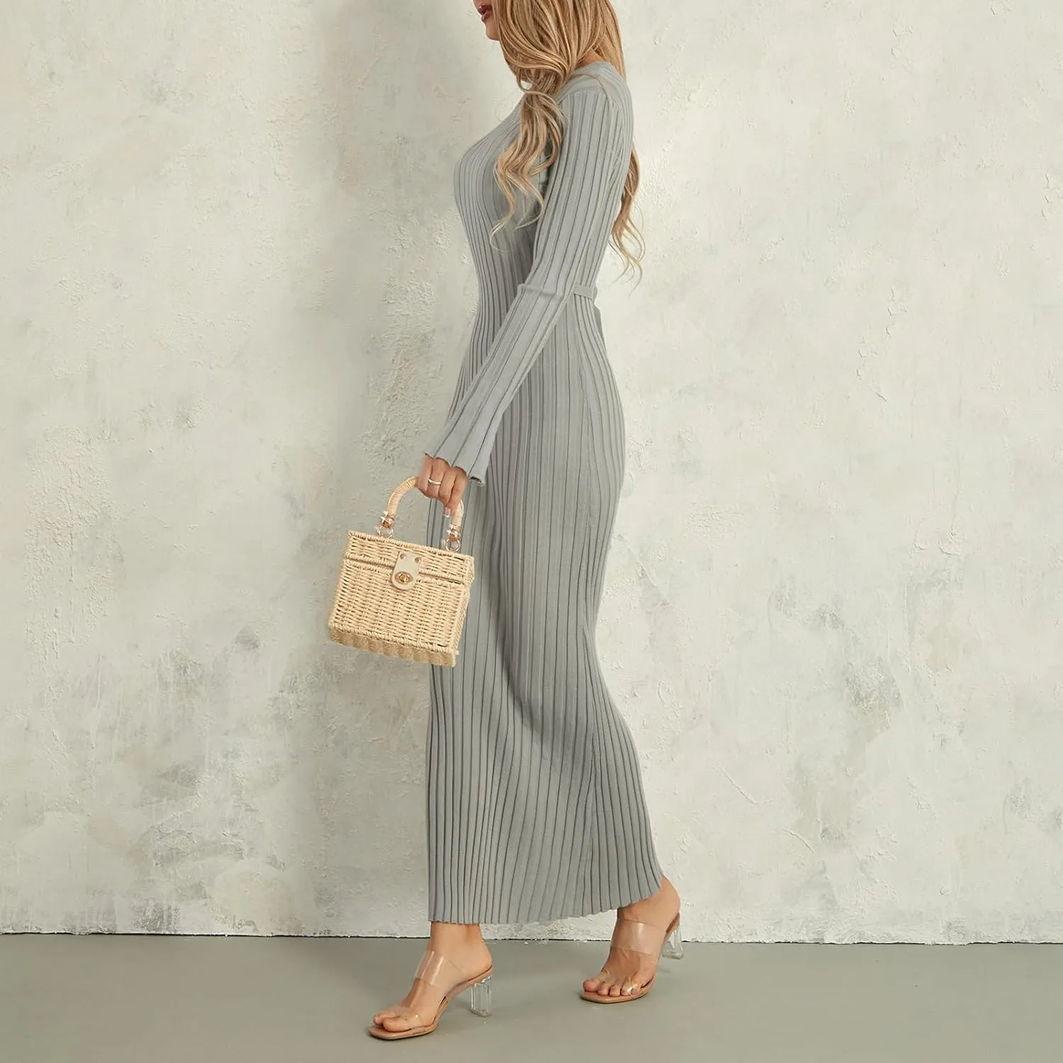 lisenraIn Women Long Sleeve Sweater Dress Elegant Bodycon Ribbed Knit Maxi Dress Spring Fall Fitted Sweater Maxi Dress