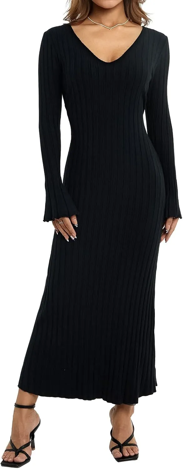 lisenraIn Women Long Sleeve Sweater Dress Elegant Bodycon Ribbed Knit Maxi Dress Spring Fall Fitted Sweater Maxi Dress