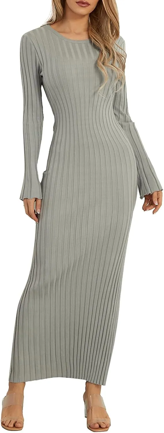 lisenraIn Women Long Sleeve Sweater Dress Elegant Bodycon Ribbed Knit Maxi Dress Spring Fall Fitted Sweater Maxi Dress