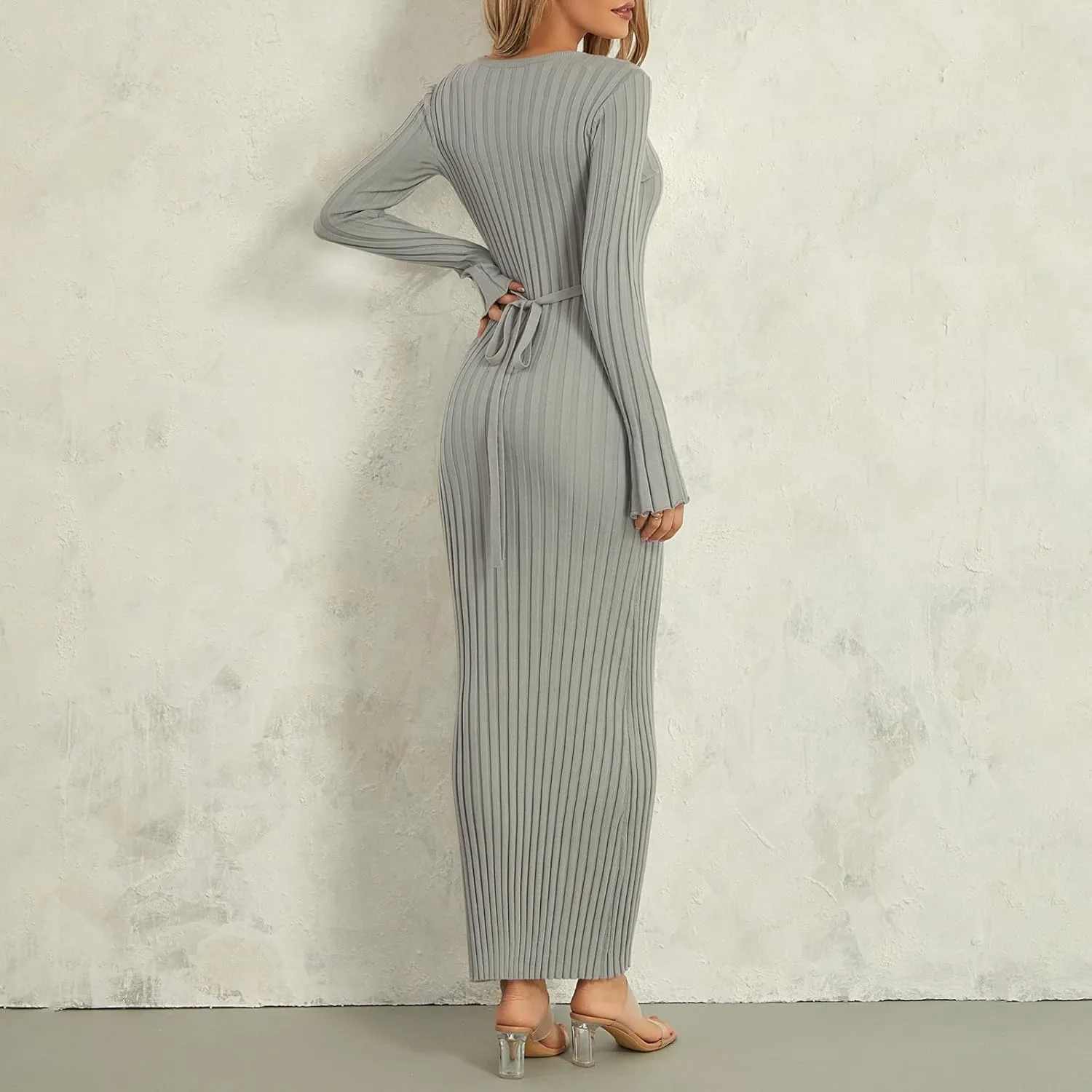 lisenraIn Women Long Sleeve Sweater Dress Elegant Bodycon Ribbed Knit Maxi Dress Spring Fall Fitted Sweater Maxi Dress