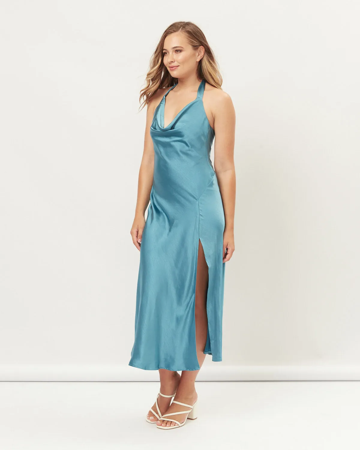 Lola Blue Cowl Halter Neck Midi Dress