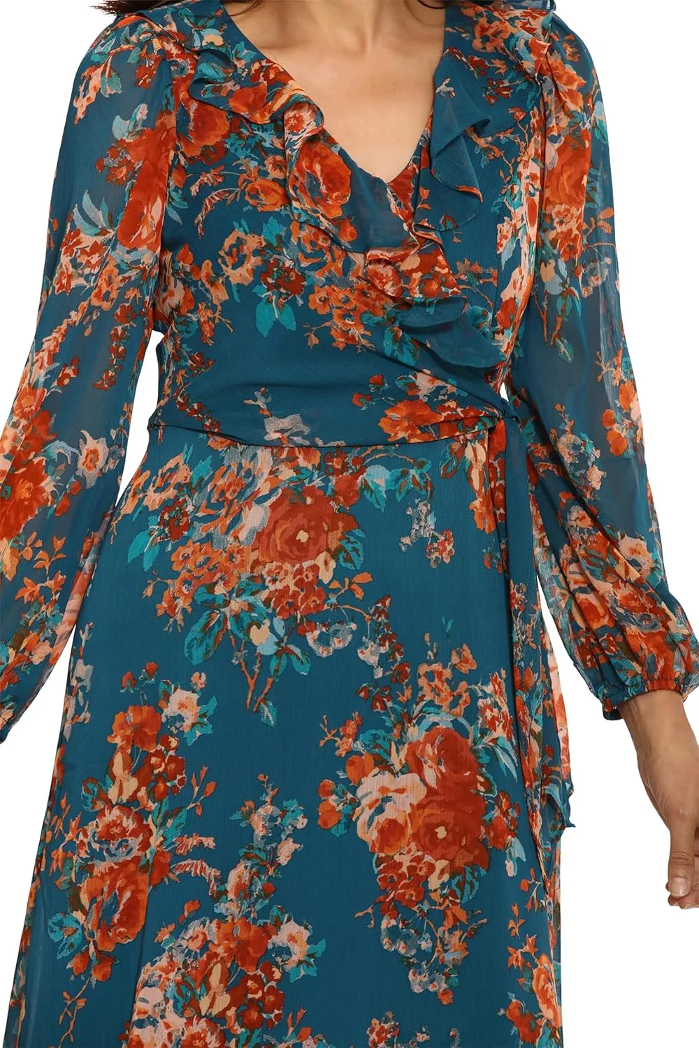 London Times Women's Long Sleeve Chic and Versatile Chiffon Ruffle Faux Wrap Dress