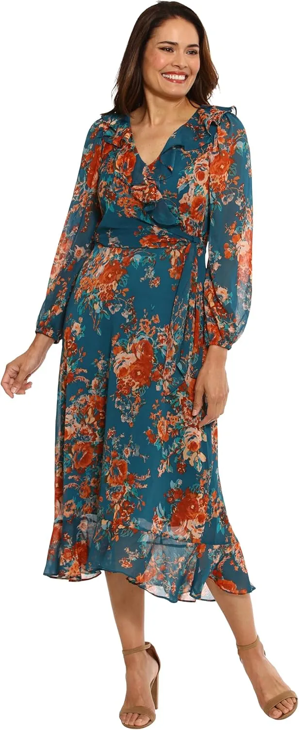 London Times Women's Long Sleeve Chic and Versatile Chiffon Ruffle Faux Wrap Dress