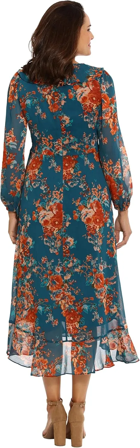 London Times Women's Long Sleeve Chic and Versatile Chiffon Ruffle Faux Wrap Dress