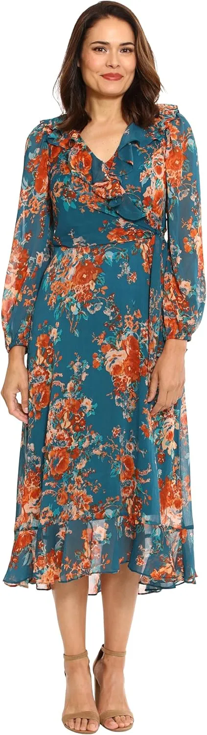 London Times Women's Long Sleeve Chic and Versatile Chiffon Ruffle Faux Wrap Dress