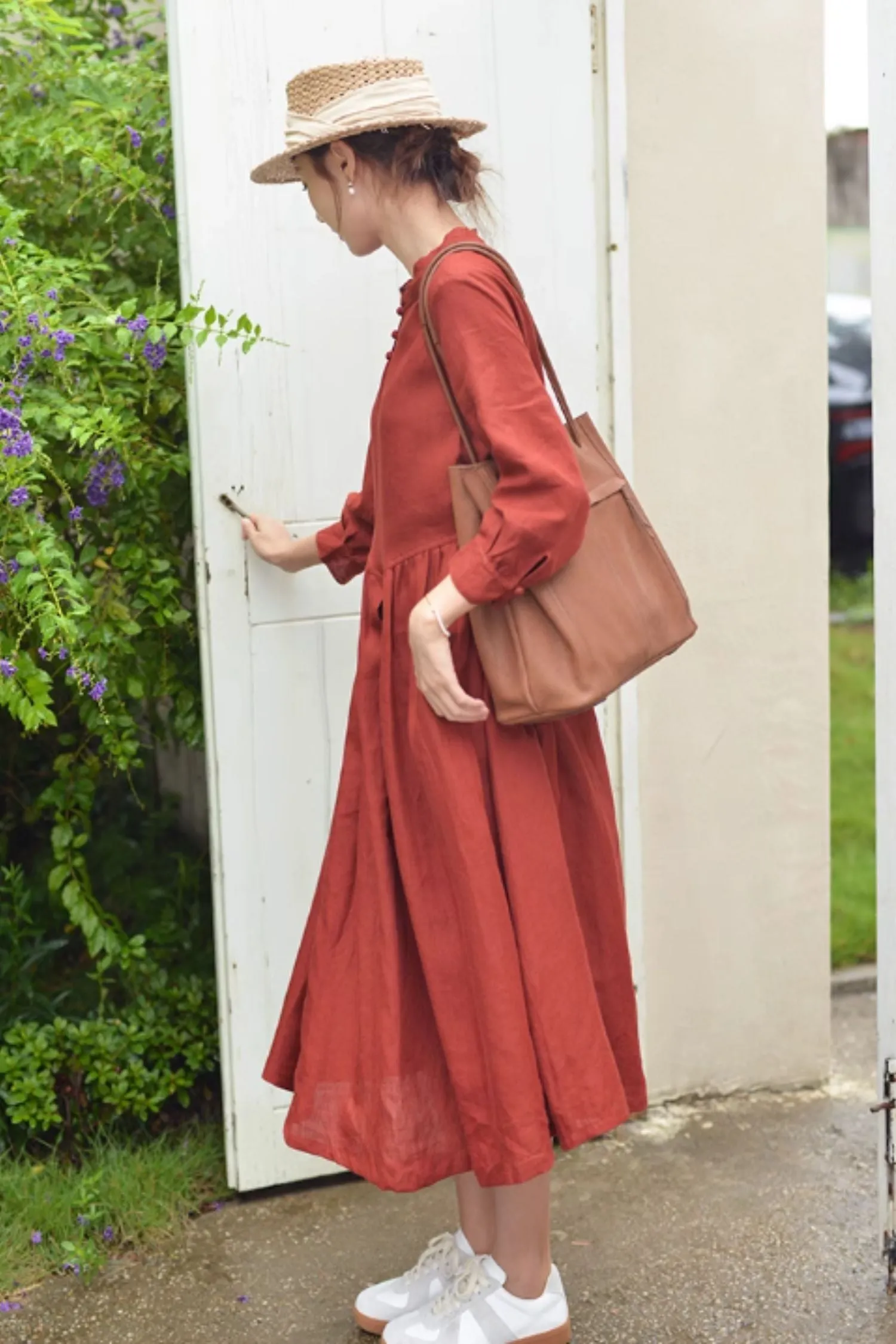 Long sleeves loose fitting linen dress 4817