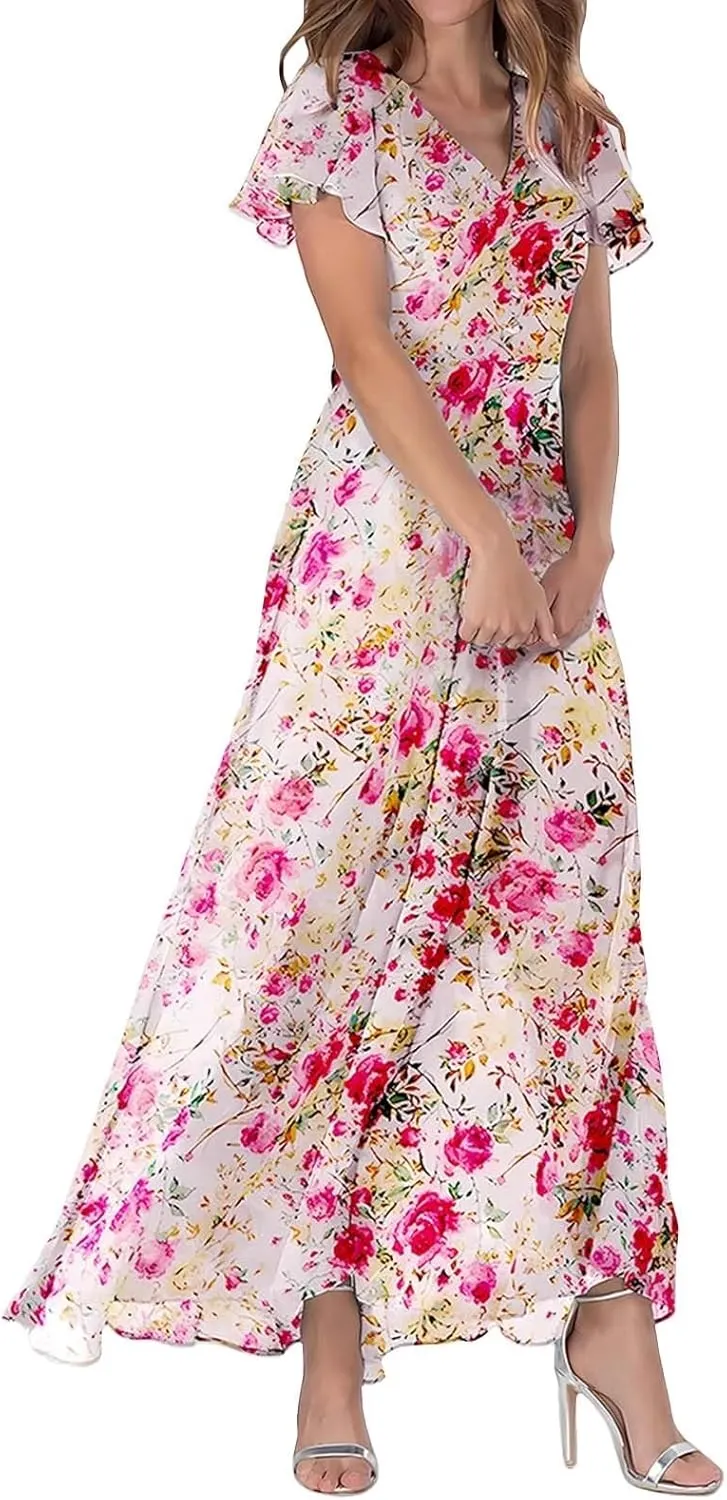 Long Spring Dresses for Women 2025, Floral Chiffon Dress, Casual V Neck Maxi Dress, Short Sleeve Ruffle Party Dress