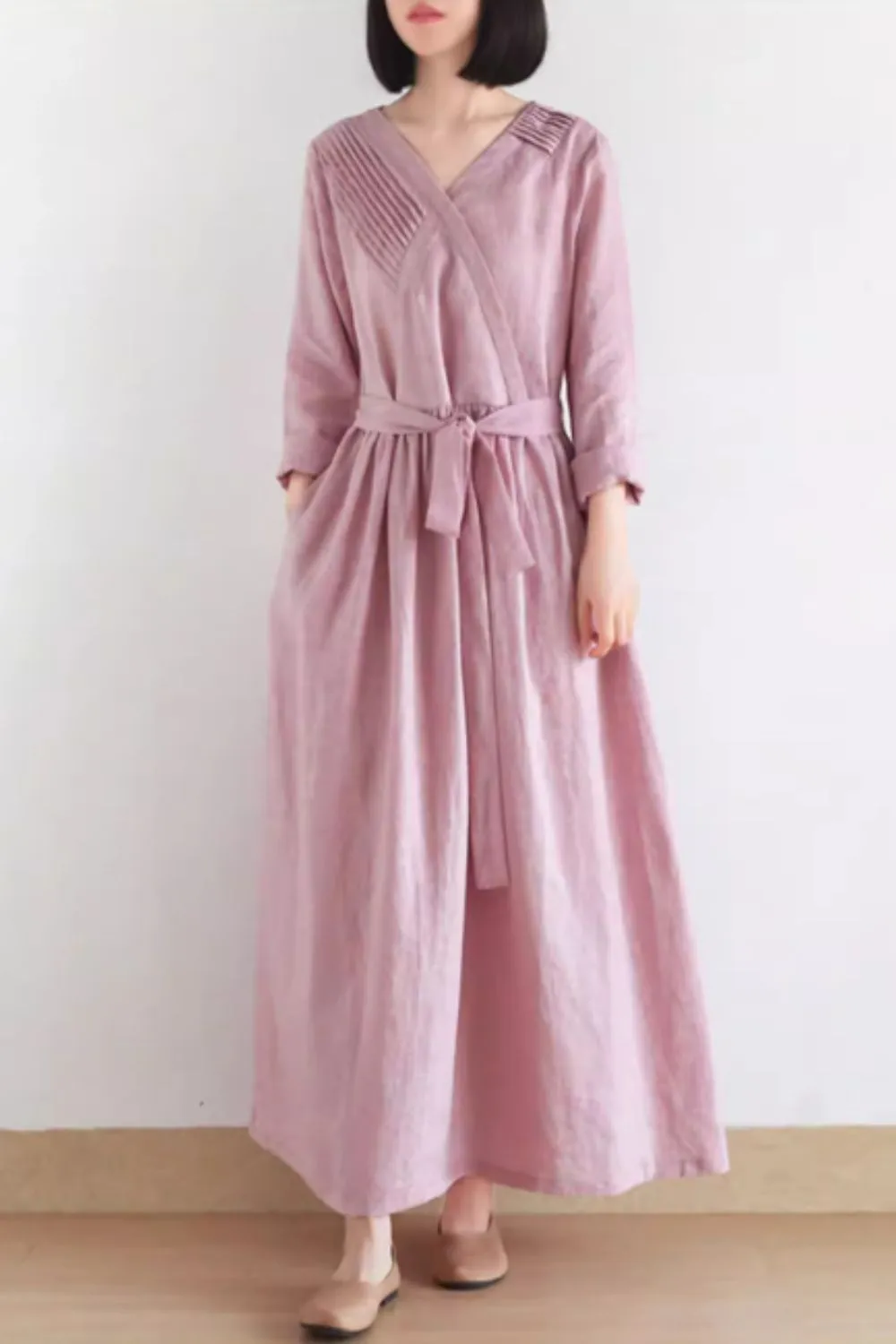 Maxi pink linen dress with tie belt waist 4831