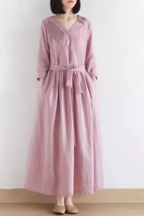 Maxi pink linen dress with tie belt waist 4831