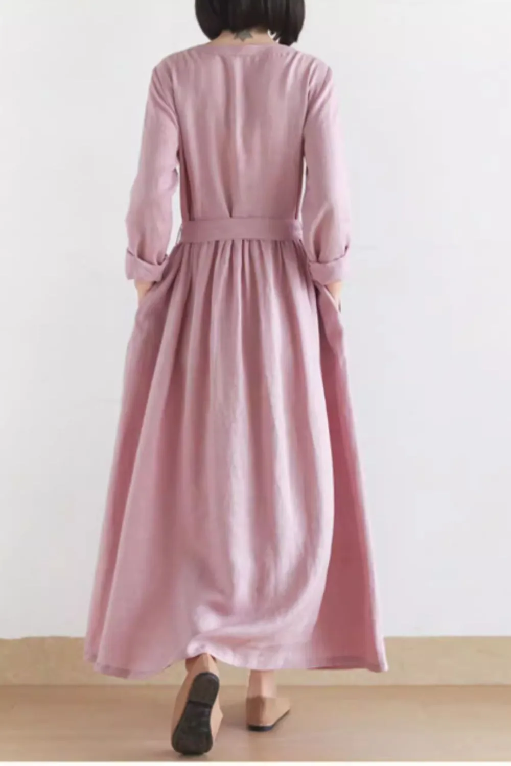 Maxi pink linen dress with tie belt waist 4831