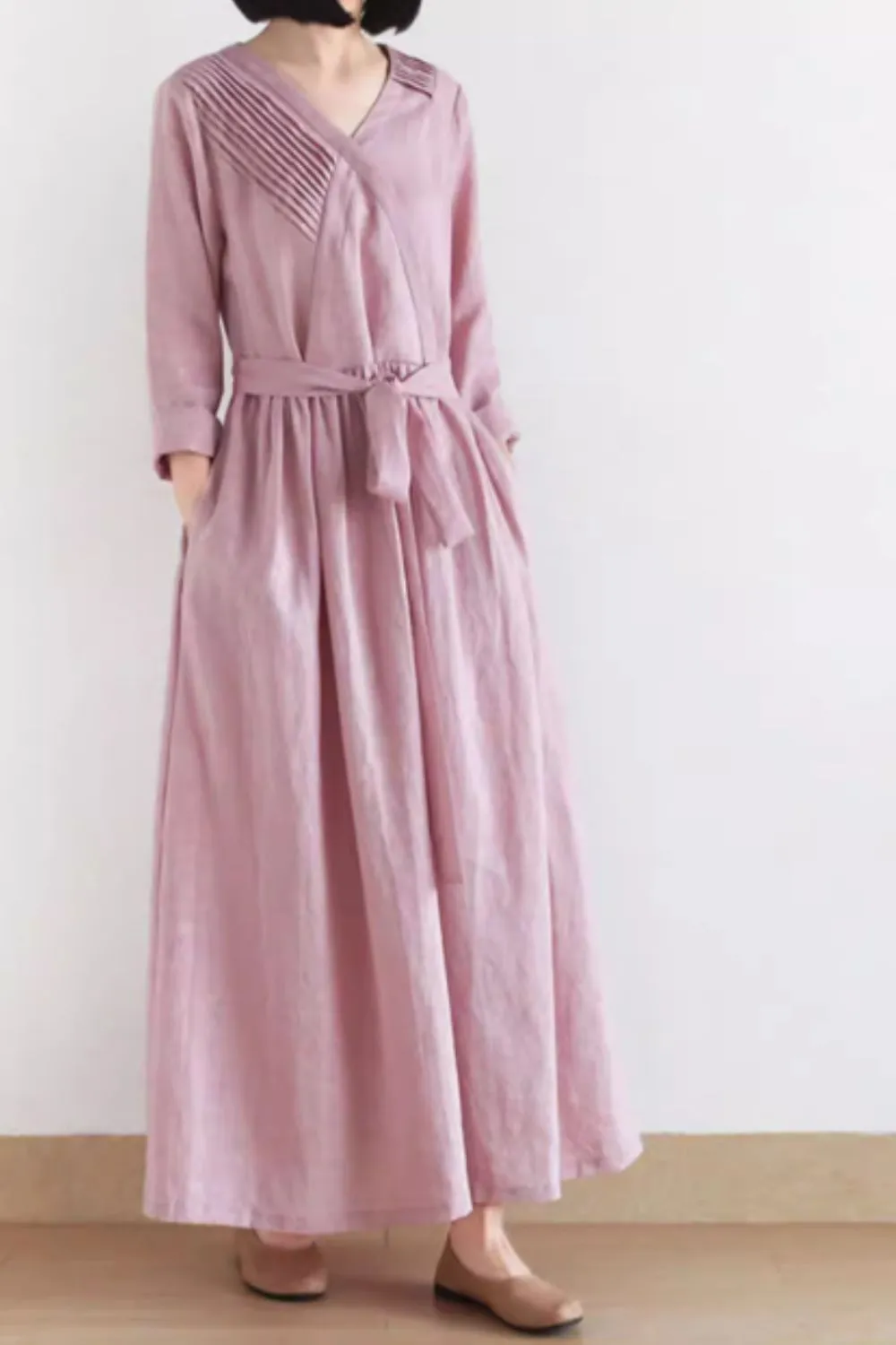 Maxi pink linen dress with tie belt waist 4831