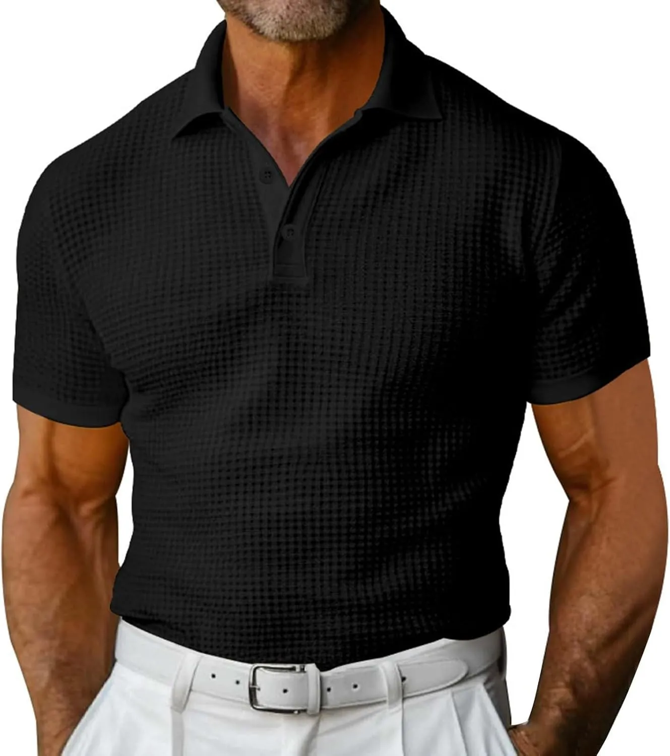 Men's Waffle Knit Polo Shirt Short Sleeve Button Down Breathable Casual Tennis Top Solid Color Summer Outdoor Sports Blouse