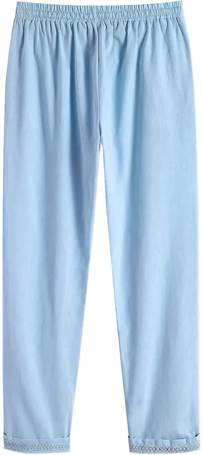 Miyaomn Women's Stylish Linen Straight Leg Pants Drawstring Elastic Waist Casual Joggers Folded Bottom Lounge Trousers Slacks