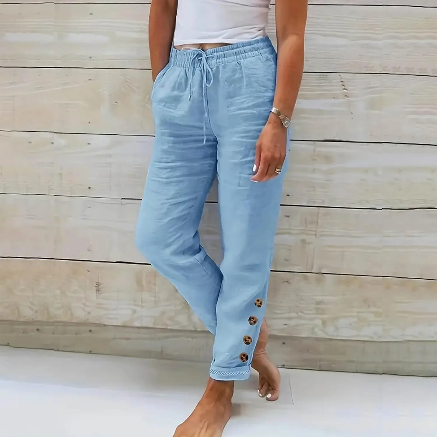 Miyaomn Women's Stylish Linen Straight Leg Pants Drawstring Elastic Waist Casual Joggers Folded Bottom Lounge Trousers Slacks