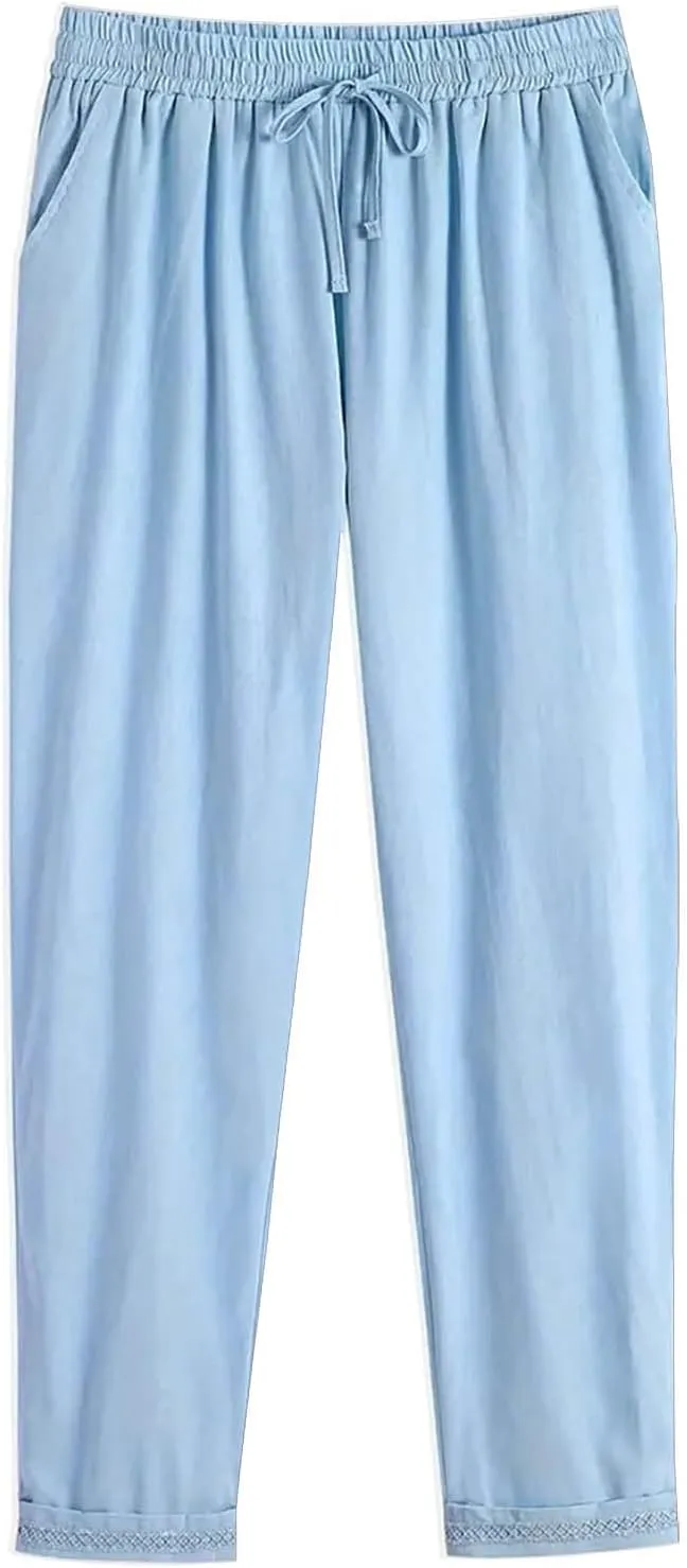 Miyaomn Women's Stylish Linen Straight Leg Pants Drawstring Elastic Waist Casual Joggers Folded Bottom Lounge Trousers Slacks