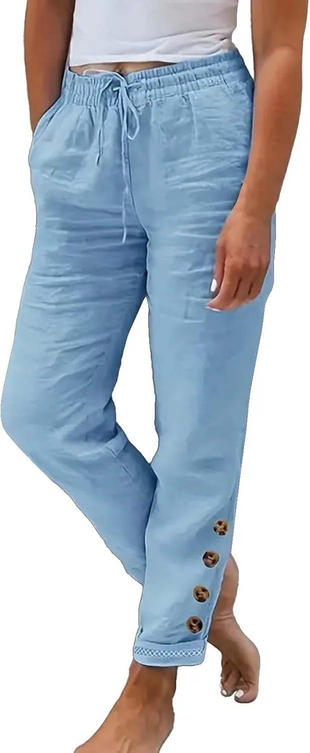 Miyaomn Women's Stylish Linen Straight Leg Pants Drawstring Elastic Waist Casual Joggers Folded Bottom Lounge Trousers Slacks