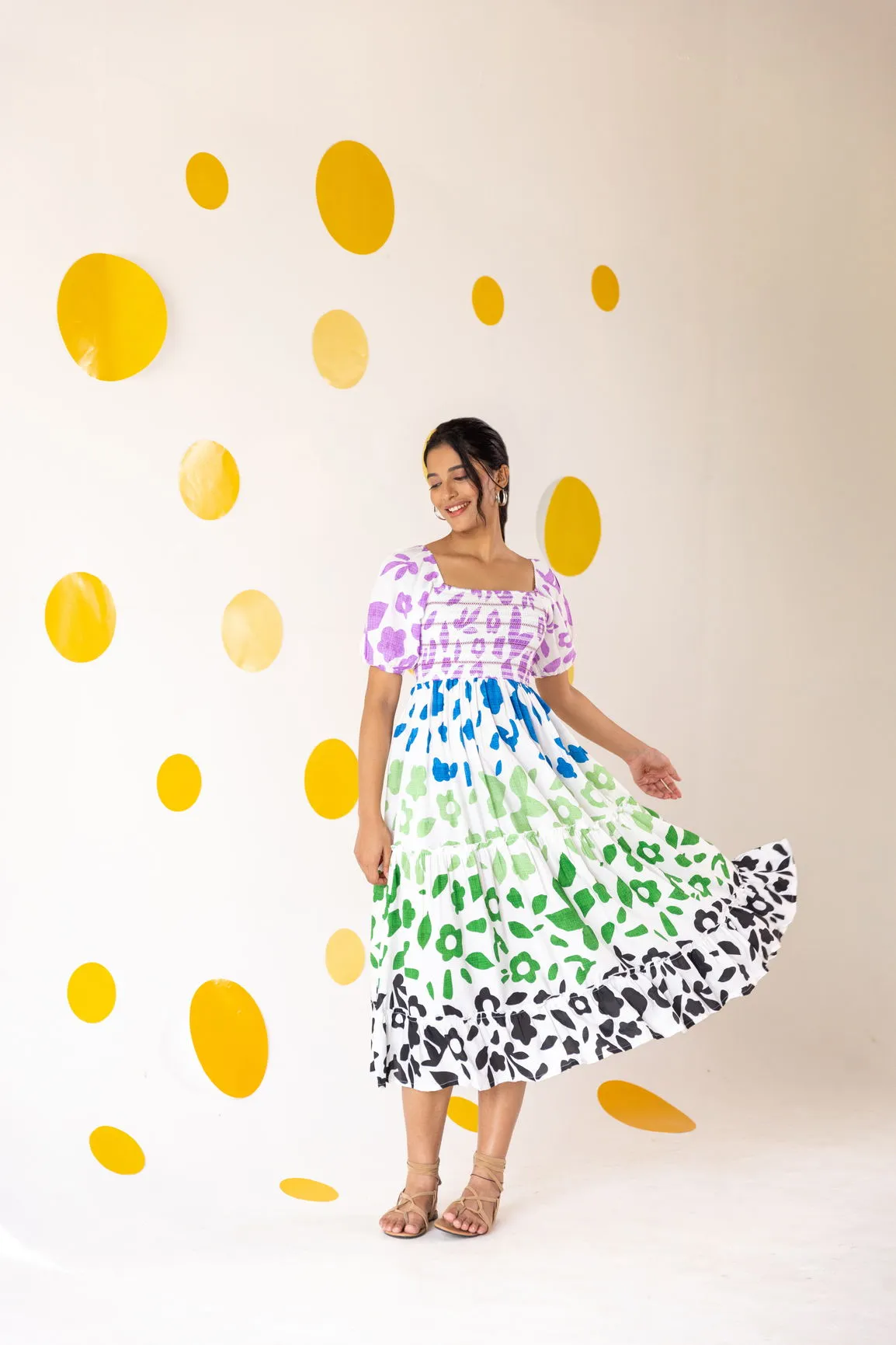 MULTICOLOUR SMOCKED MAXI