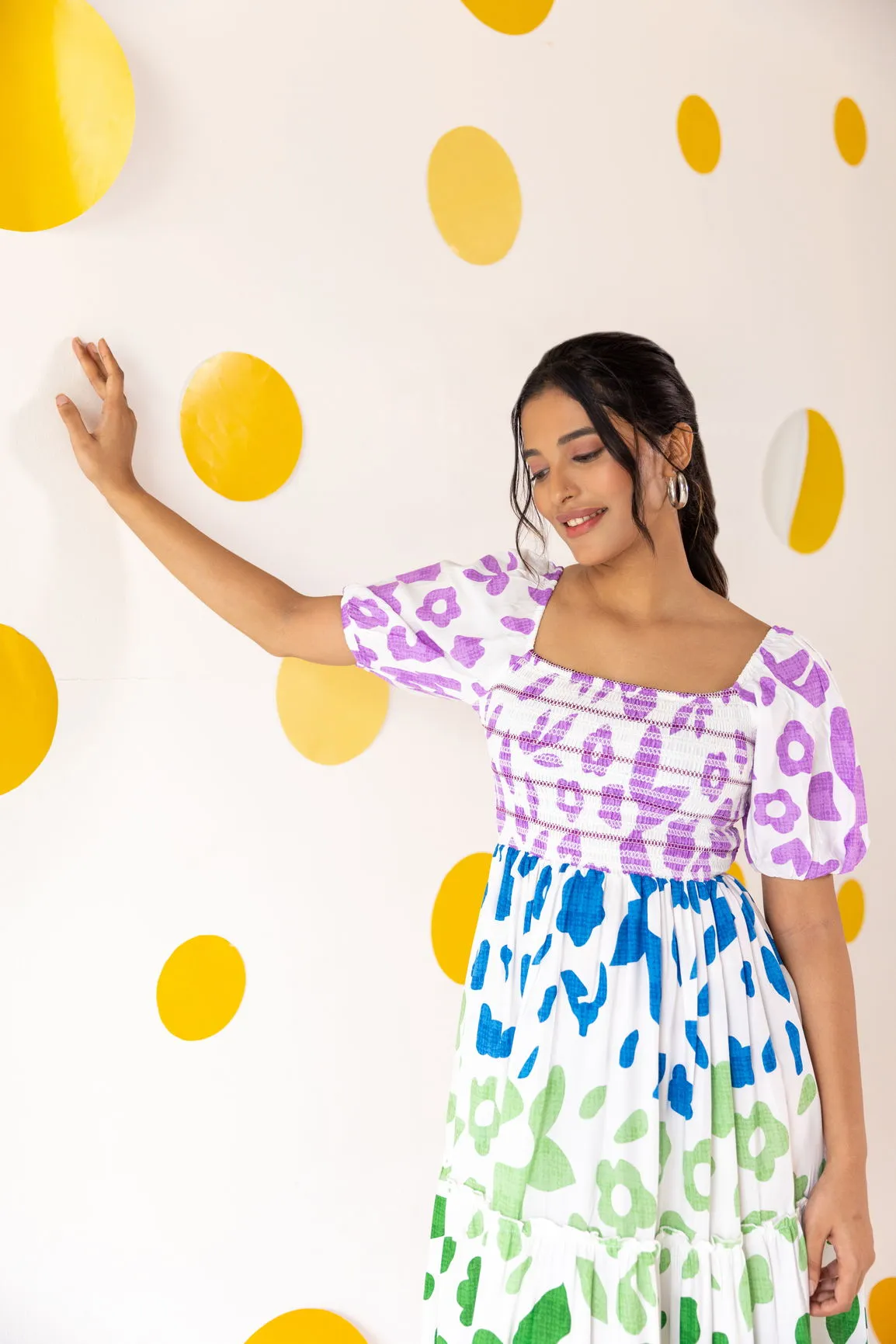 MULTICOLOUR SMOCKED MAXI