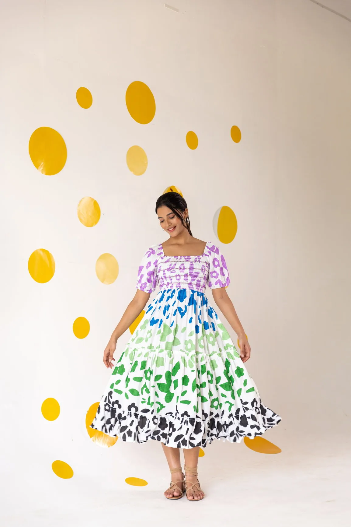 MULTICOLOUR SMOCKED MAXI
