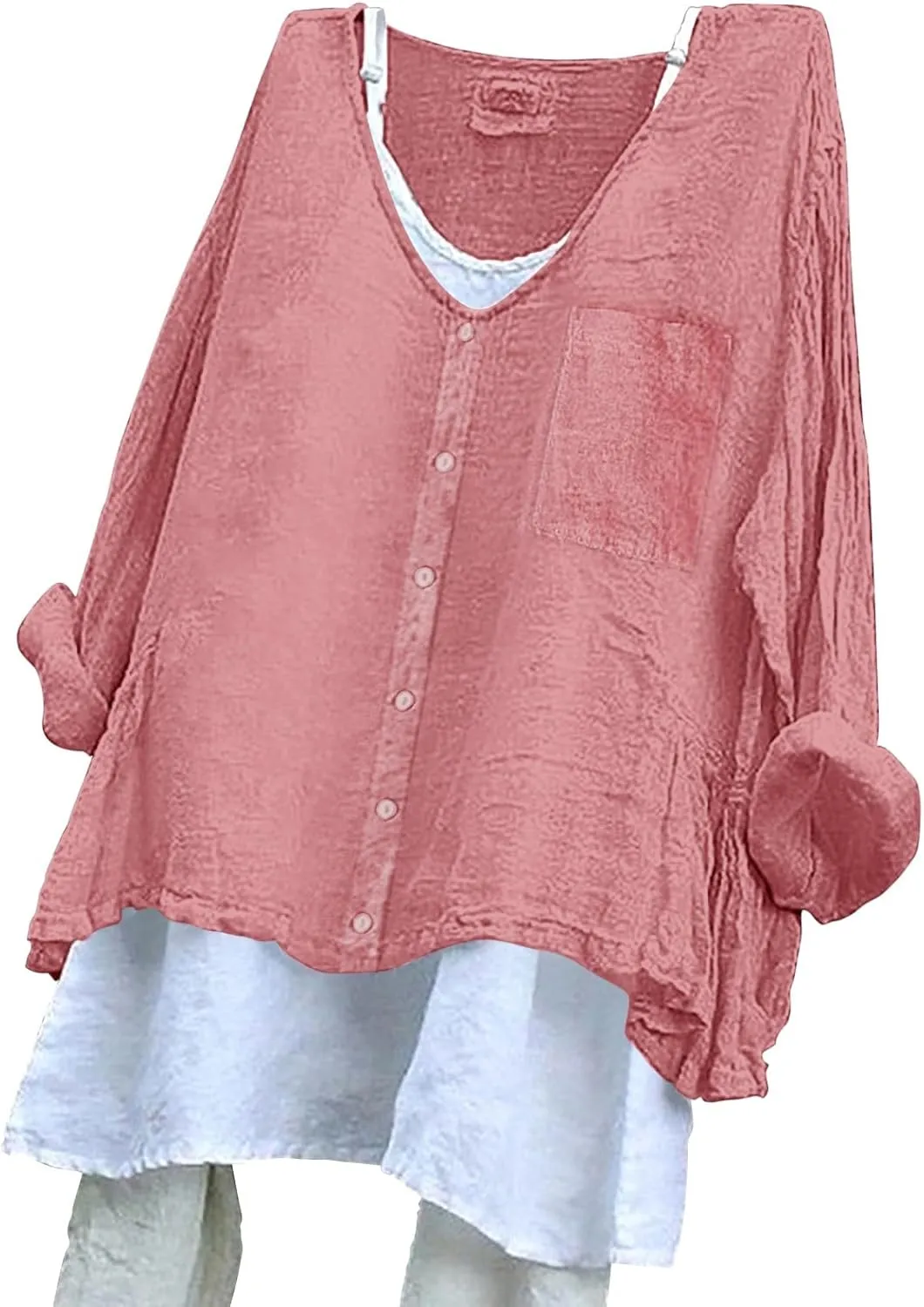 Peasant Blouses for Women V Neck Casual Summer Cotton Gauze Tops Lightweight Breathable Vacation Beach Linen Shirts
