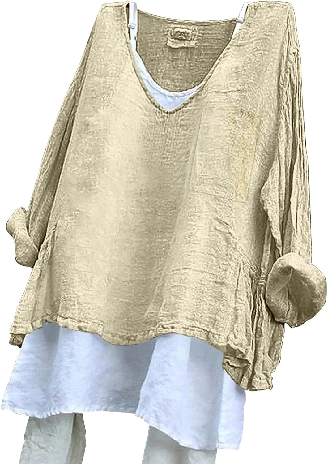 Peasant Blouses for Women V Neck Casual Summer Cotton Gauze Tops Lightweight Breathable Vacation Beach Linen Shirts