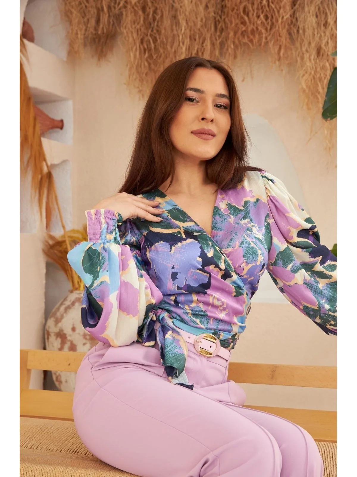 Purple Patterned Cross Tie Blouse